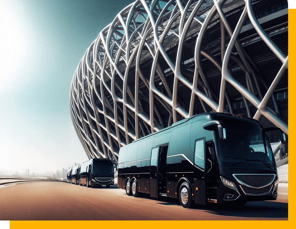Sun Global motor coaches outside a stadium